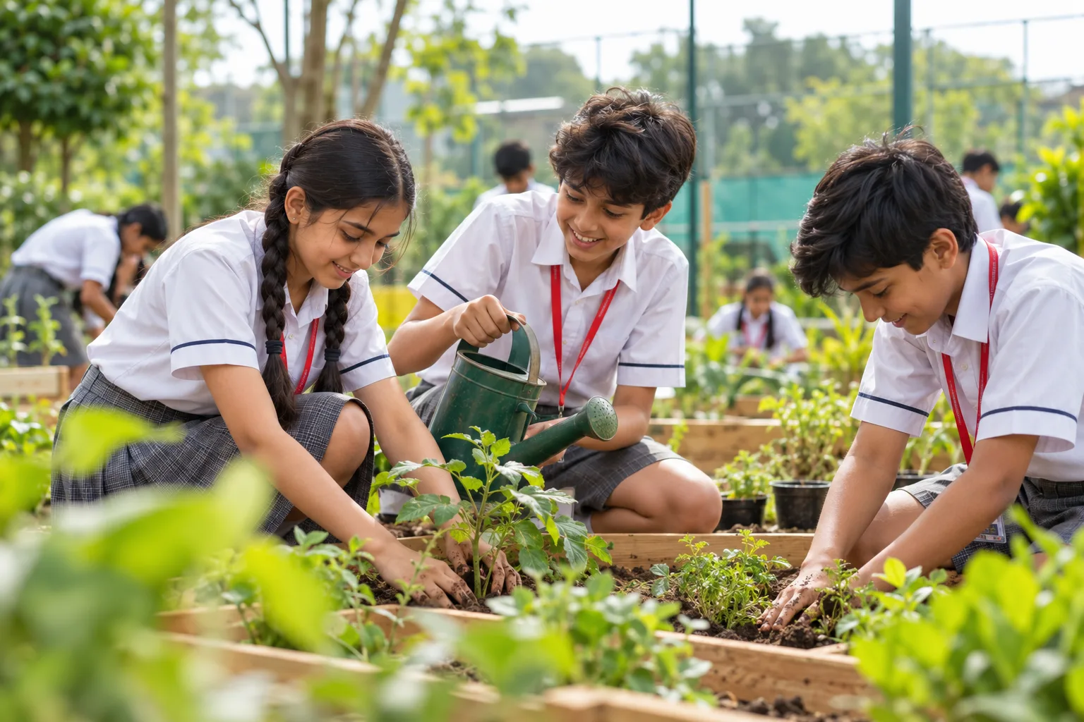Wellsprings students planting and watering a garden bed