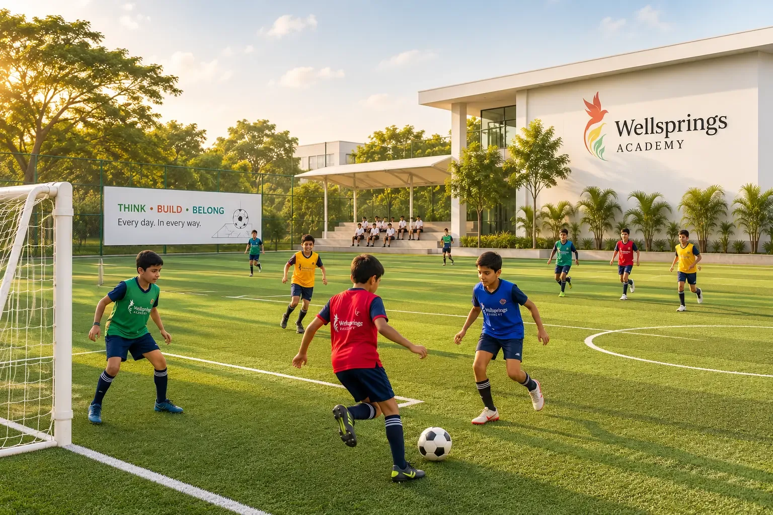 Children playing football on the school field