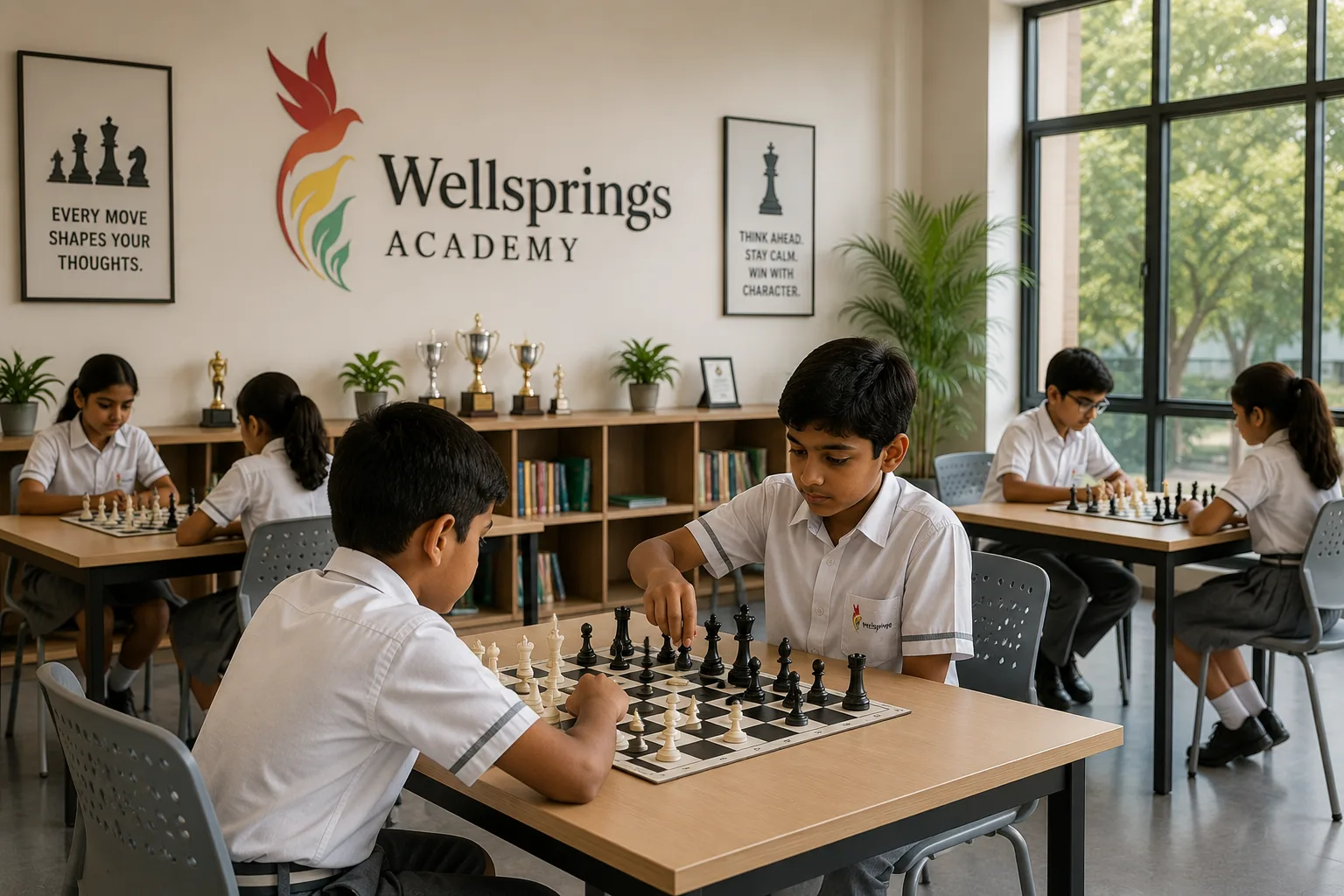 Children playing chess indoors