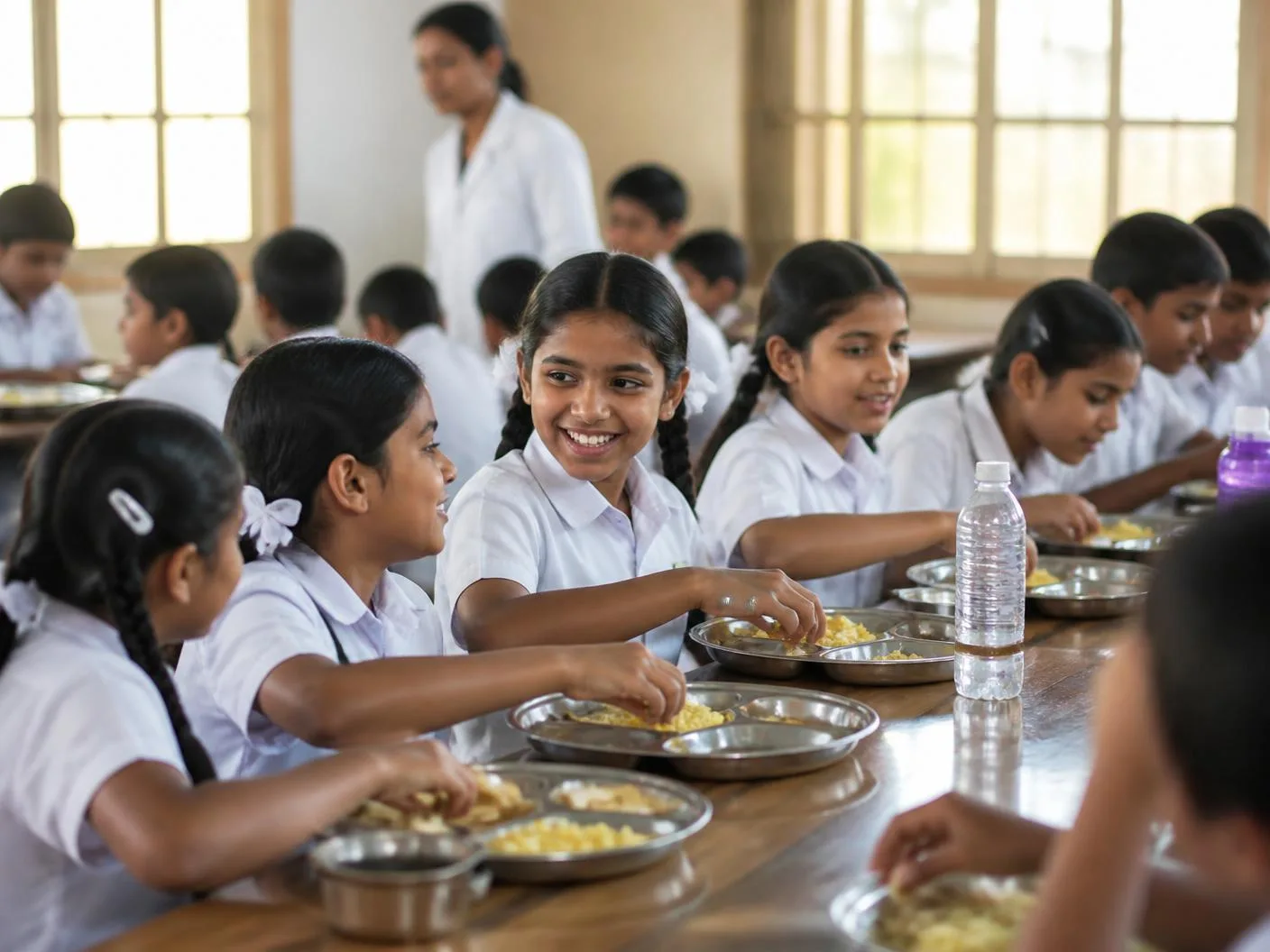 Children arriving and eating breakfast together at school