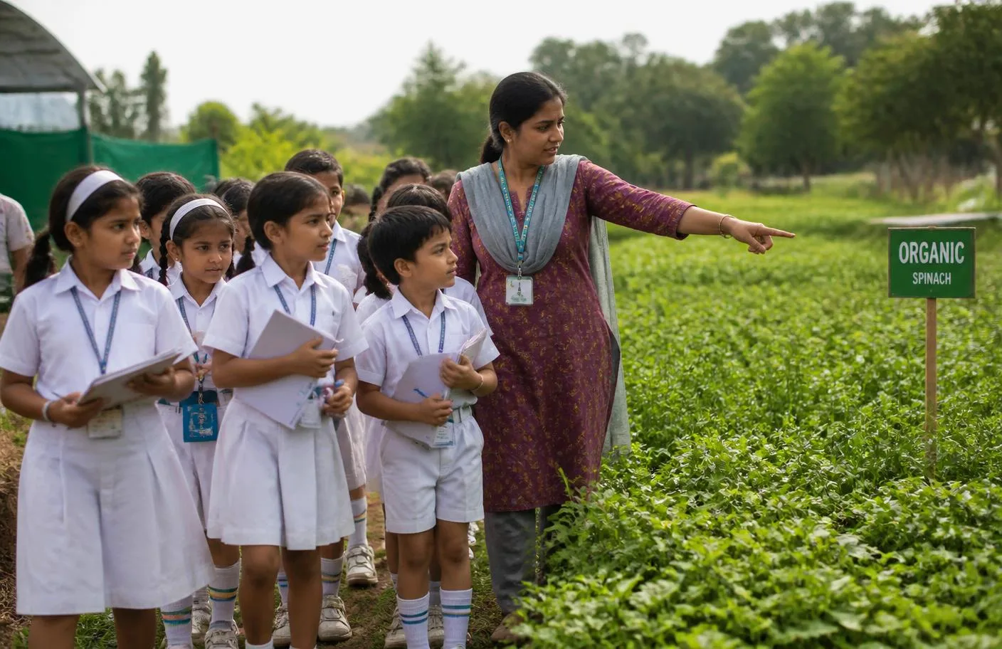 Children and their teacher on a field visit to an organic farm