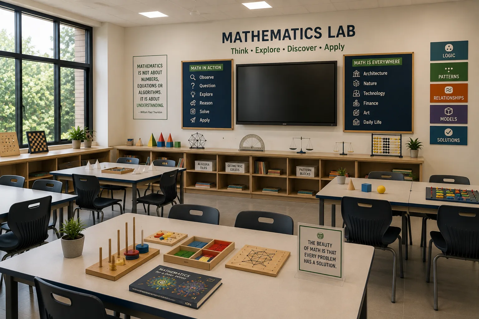 The mathematics lab with manipulatives on the tables