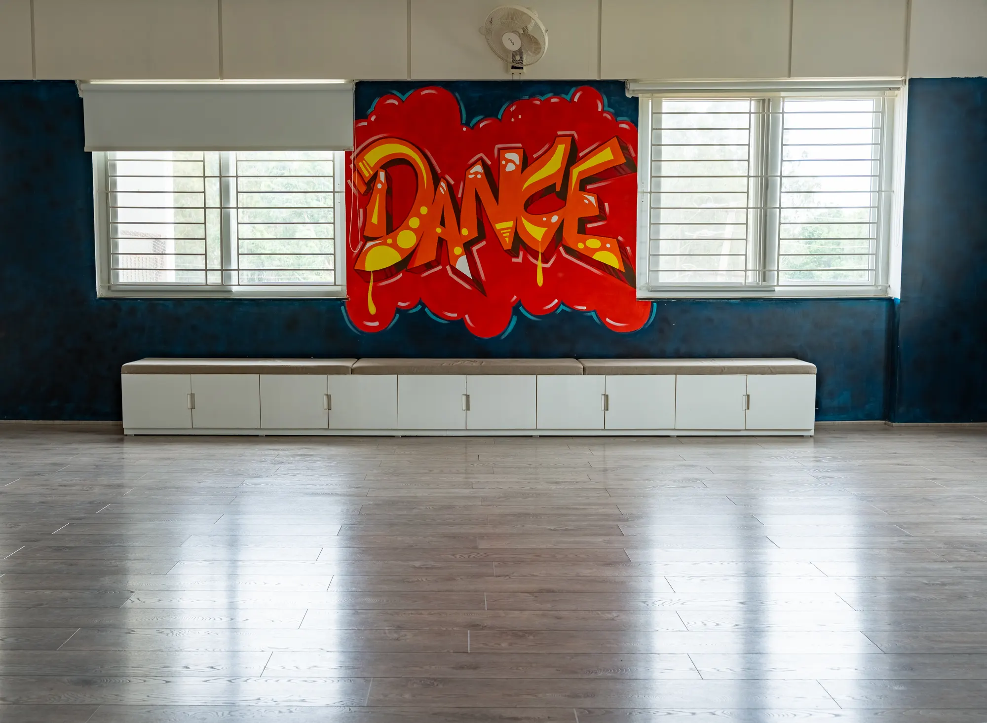 The dance studio with a painted wall