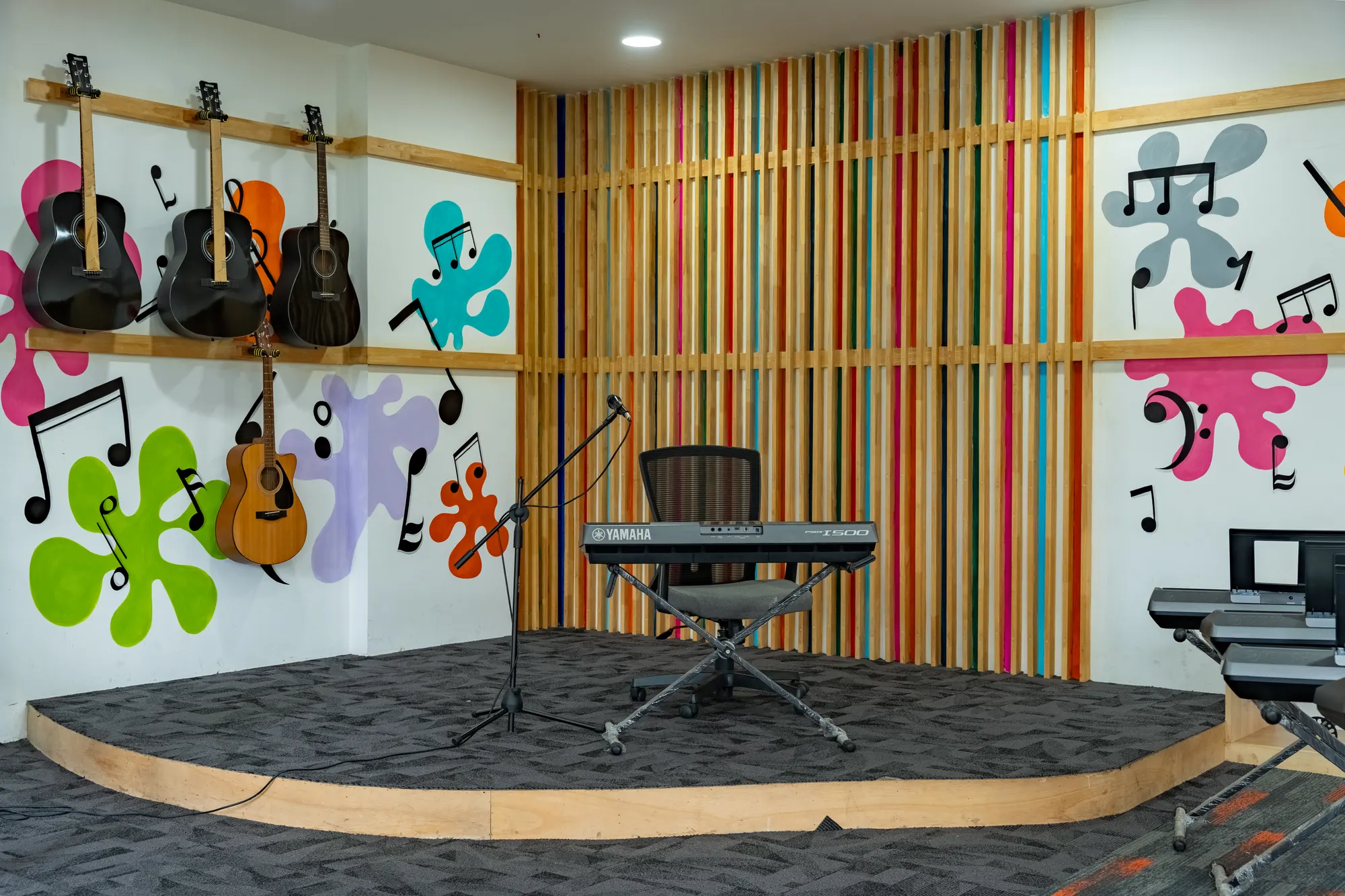 The music room with guitars and a keyboard