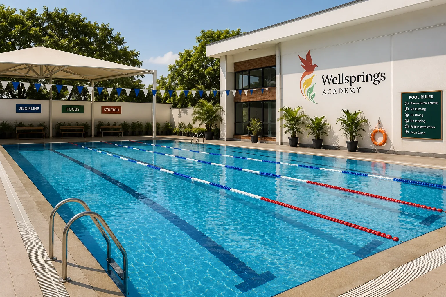 The school swimming pool with lane ropes