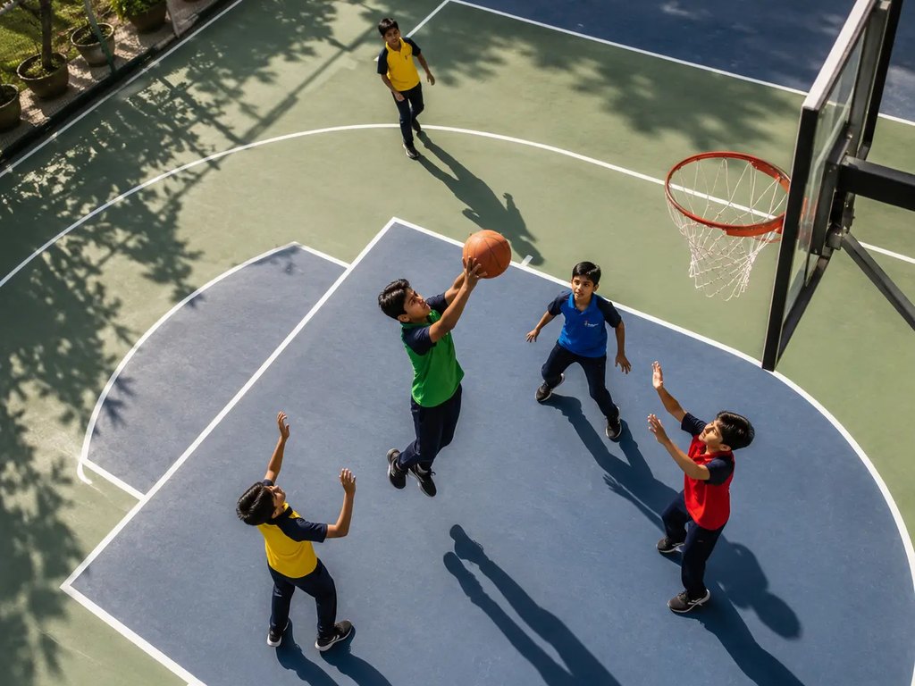 Students playing a basketball match on the school court