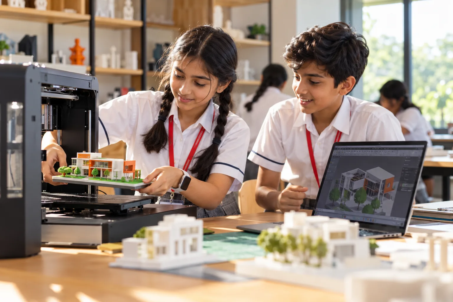Two Wellsprings students holding a printed model beside a 3D design on a laptop